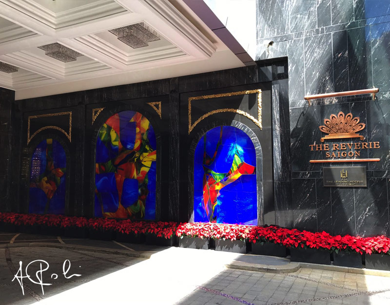 Backlit mouth blown glass windows at the hotel entrancee